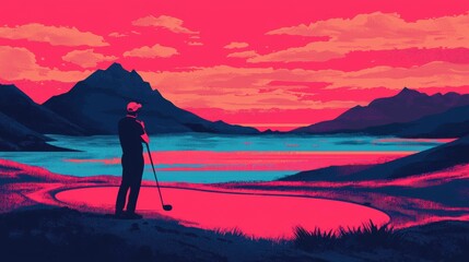 Obraz premium Golfer Silhouetted Against Vibrant Sunset Landscape