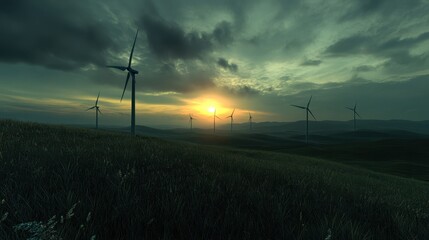 Fototapeta premium Sunset Wind Farm: Silhouetted wind turbines stand tall against a dramatic sunset, their blades gently turning against a backdrop of rolling hills and a moody sky.