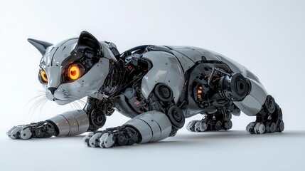 Hyperrealistic Robotic Cat with Glowing Eyes Futuristic Metallic Design and High-Tech Features