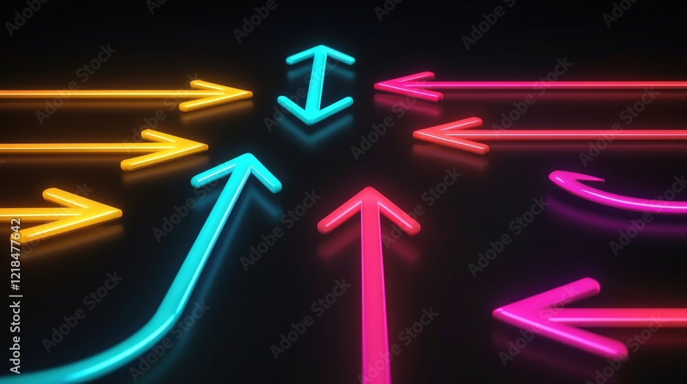 Poster colorful neon arrows in different directions on a dark background representing choices and direction
