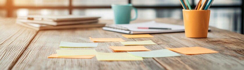 Obraz premium A workspace featuring sticky notes, a notebook, and colorful pens in pots, set on a wooden table with warm natural lighting.