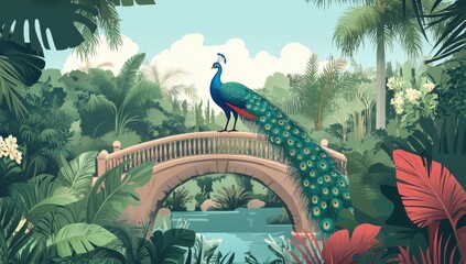 Majestic Peacock on a Bridge in a Lush Tropical Paradise