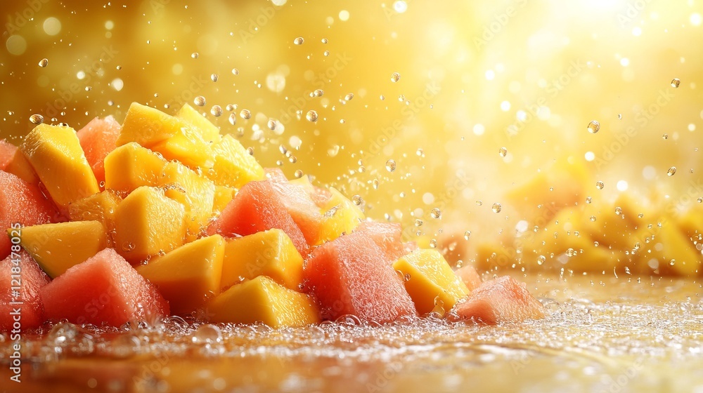 Poster vibrant pile of freshly sliced watermelons on a rustic table surrounded by natural light creating a 