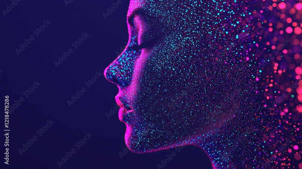 Sticker Luminous Digital Woman A Profile in Pink and Purple Light