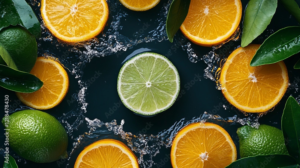 Poster vibrant oranges and limes floating gracefully in clear water creating a refreshing and inviting scen