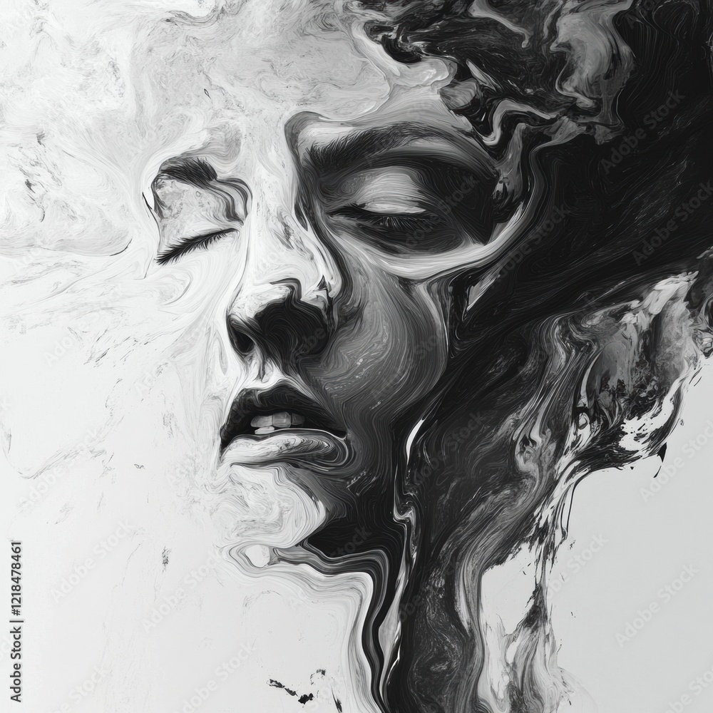 Poster abstract art representation of a face with dynamic black and white fluid patterns in a modern artist