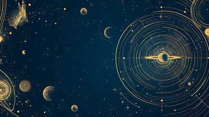 Obraz premium Celestial Dance: A cosmic ballet of planets, stars, and swirling galaxies in a mesmerizing golden and navy blue hue.