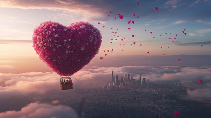 Fototapeta premium A huge red hot air balloon in the shape of a heart with a basket filled with white and pink flowers