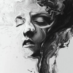 Fototapeta premium Abstract art representation of a face with dynamic black and white fluid patterns in a modern artistic style. Generative AI