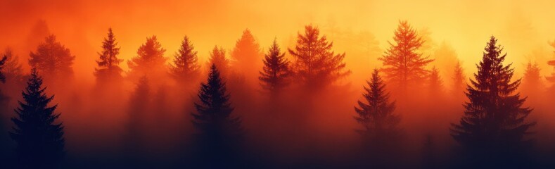 Obraz premium Enchanting Sunset Over Misty Forest with Silhouetted Pine Trees in Vibrant Shades of Orange and Yellow Illustrating Tranquility and Natural Beauty in a Landscape Scene
