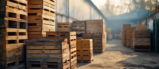 Wooden Pallets Stacked in Warehouse: Industrial Storage and Logistics