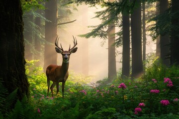 Majestic Deer in a Misty Forest at Dawn