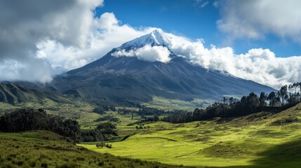 Fototapeta premium Majestic Cotopaxi Volcano: A breathtaking panoramic view of Cotopaxi Volcano in Ecuador, its snow-capped peak piercing through a dramatic sky filled with fluffy clouds.