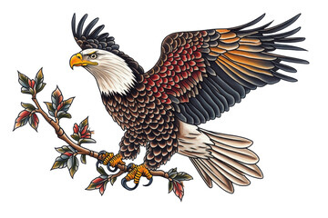 Obraz premium Majestic Bald Eagle Tattoo Design with Intricate Details and Vibrant Colors Perched on a Branch