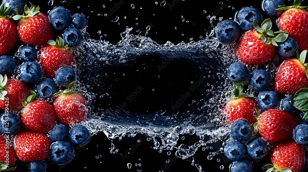 Poster vibrant splash of juicy strawberries and blueberries colliding against a bold black background creat