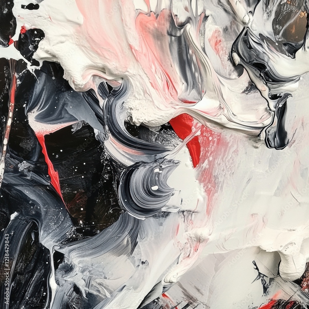 Poster textured abstract artwork with dynamic swirls of black, white, gray, and red colors displayed on a c