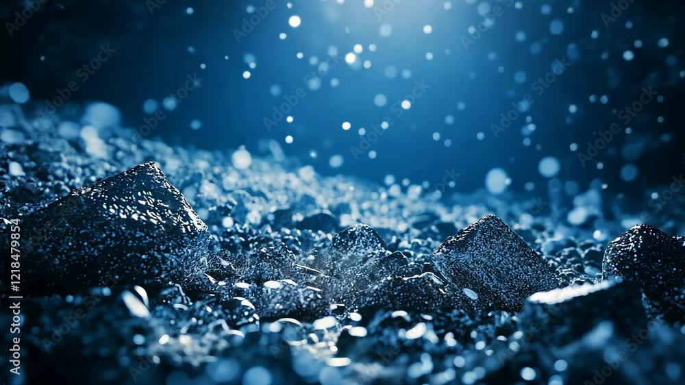 Poster water droplets scatter over dark rocks, creating a mesmerizing effect in an underwater setting