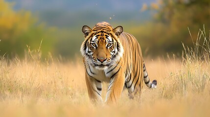 Naklejka premium A tiger is walking through a field of tall grass