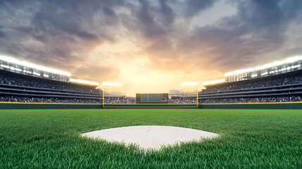 Grand baseball stadium field diamond in daylight, with a wide view showcasing the vibrant green grass, the diamond layout, and the open stadium, offering a perfect scene for sports events.
