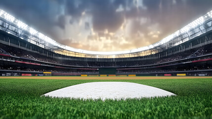 Grand baseball stadium field diamond in daylight, with a wide view showcasing the vibrant green grass, the diamond layout, and the open stadium, offering a perfect scene for sports events.
