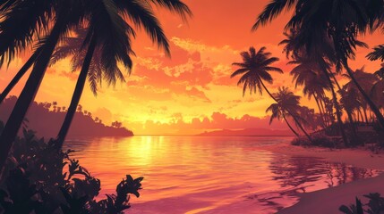 Vibrant sunset over tropical beach with palm trees. (1)