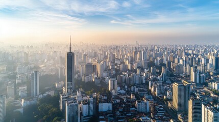 Obraz premium Cityscape at Dawn: An aerial view captures a sprawling metropolis awakening at dawn, skyscrapers piercing a hazy sunrise, showcasing the dynamic energy of urban life.