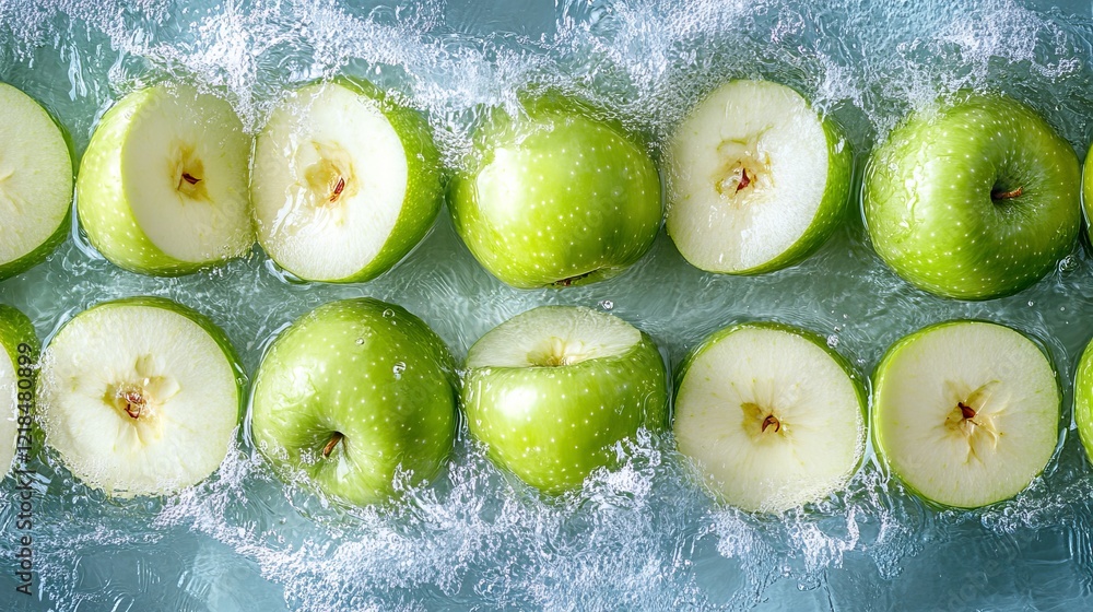 Poster a vibrant group of fresh green apples floating elegantly in clear water capturing light and reflecti