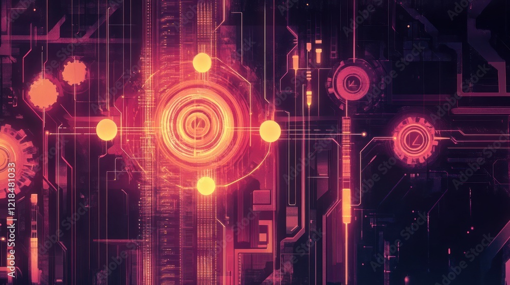 Poster abstract glowing circuit board with central node.