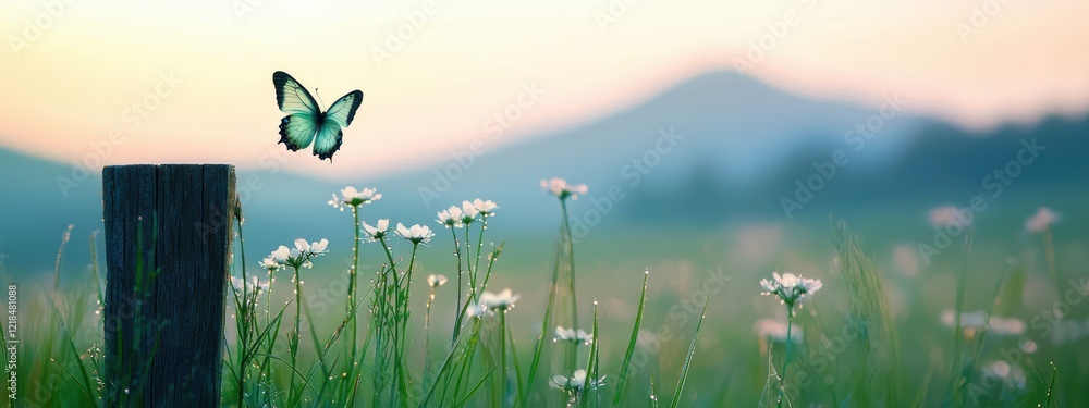 Wall mural Peaceful Butterfly in a Wildflower Meadow at Sunrise