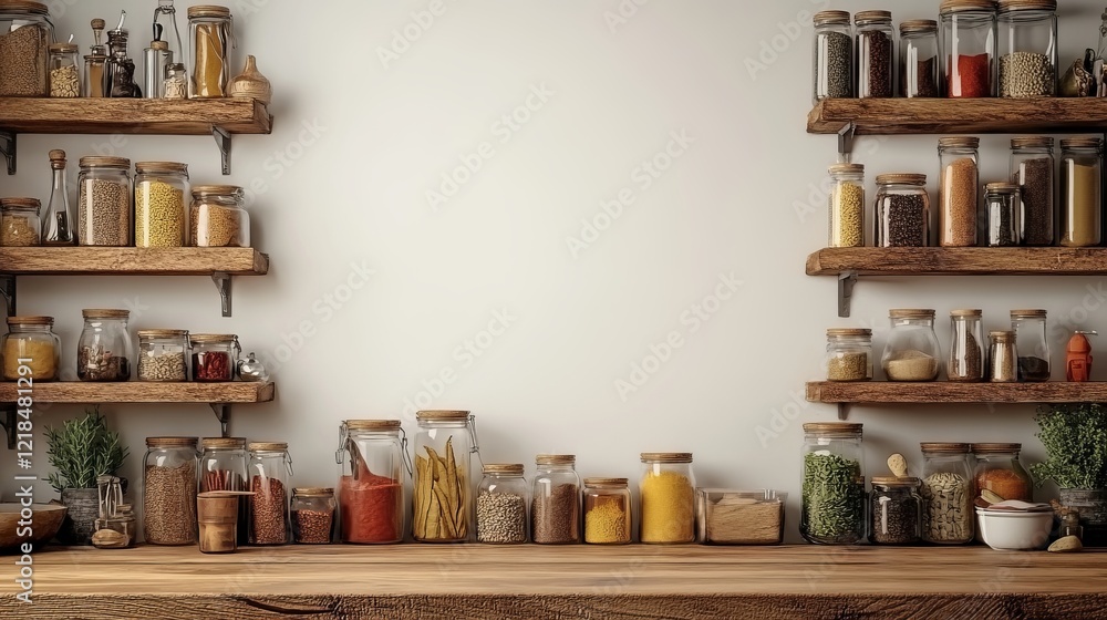 Poster rustic wooden table adorned with various jars of different sizes and shapes creating a warm and invi