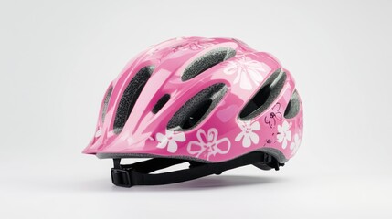 Fototapeta premium Pink floral bicycle helmet, studio shot, safety, kids