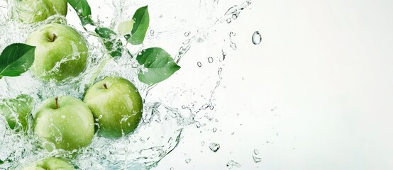 Close-up image of green apples immersed in a water splash, with water droplets and bubbles.