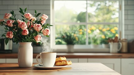 Fototapeta premium Peaceful Kitchen Morning with Coffee and Pink Roses