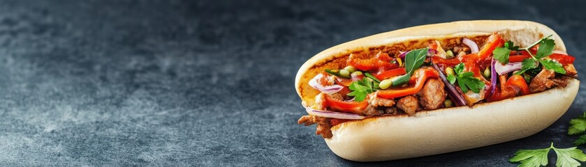 A delicious sandwich filled with fresh vegetables and savory meat, perfect for a satisfying meal or snack.