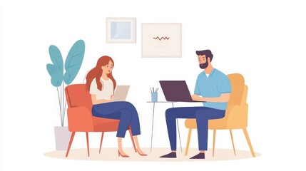 Man and Woman Working Together on Laptops in a Room