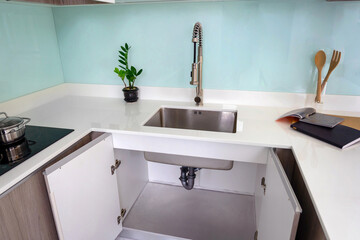 Modern Kitchen Sink White Countertop Stainless Steel Faucet Interior Design
