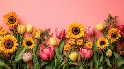 Fototapeta premium Vibrant Arrangement of Colorful Flowers Gracefully Positioned Against a Soft Pink Background Creating a Cheerful and Lively Atmosphere Perfect for Celebrations and Floral Decorations