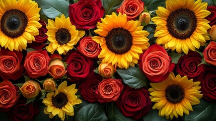 Naklejka premium Vibrant Bouquet of Sunflowers and Roses in a Rustic Setting Emphasizing Natural Beauty and Colorful Floral Arrangement Evoking Joy and Warmth in a Bright Summer Day Atmosphere