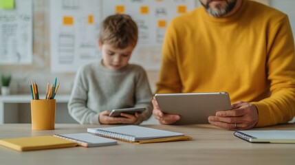 A father and son engage with technology, showcasing the modern connection between family and digital devices.