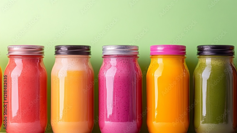 Poster vibrant array of colorful smoothies in glasses displayed neatly against a lush green background crea