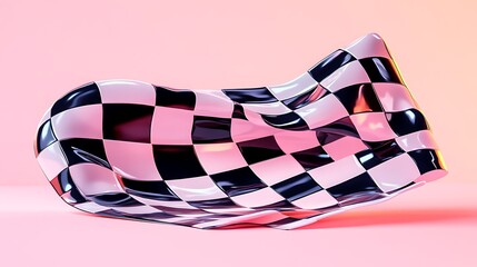Abstract Checkered Flag: A 3D Render of a Dynamic, Glossy Checkered Flag Draped on a Pink Background