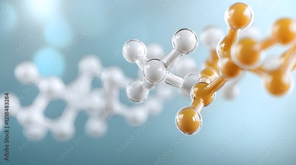 Poster Abstract visualization of colorful molecular structures and protein models highlighting amino acid interactions in a dynamic floating composition with a modern scientific and digital art aesthetic