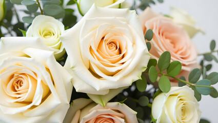 Obraz premium A soft pastel arrangement of white, peach, and pink roses, dusted with dew, interwoven with eucalyptus and silver mist, capturing serene elegance.