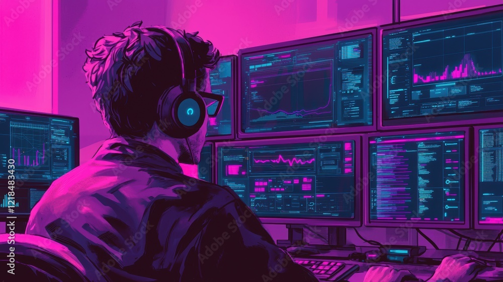 Poster pixel art programmer working late at night in front of multiple monitors