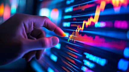 Close up of a hand interacting with a vibrant financial data display featuring dynamic graphs and charts, showcasing technological advancements in market analysis and investment.