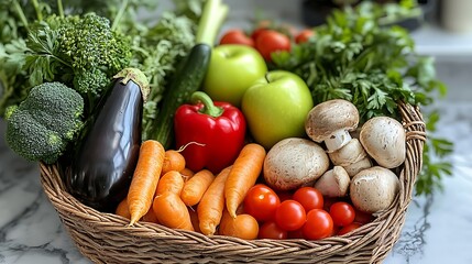 A basket filled with fresh vegetables and fruits