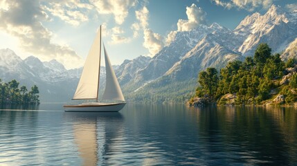 Naklejka premium Sailboat on serene mountain lake at sunrise