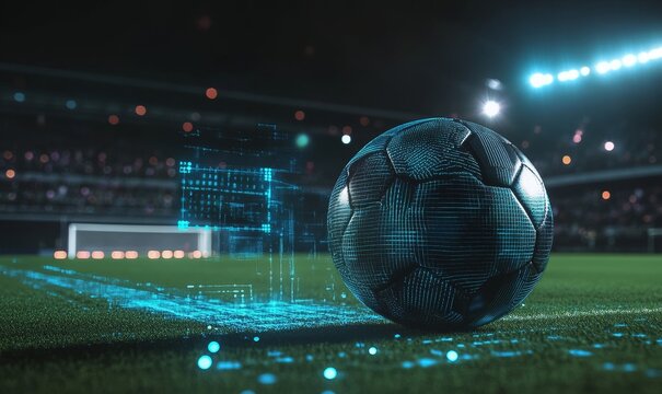 Dynamic Soccer Ball on Field with Digital Analysis Graphics Depicting Real-Time Sports Data Analytics and the Technological Intersection of Soccer and Data During an Evening Match, Generative AI - Powered by Adobe