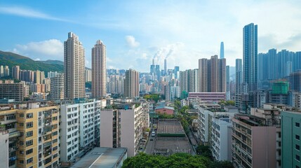 Obraz premium Hong Kong Skyline: A panoramic view of Hong Kong's bustling skyline with towering skyscrapers, dense residential buildings, and vibrant green foliage, captured under a clear blue sky. 