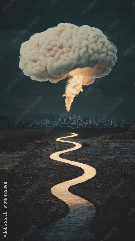 Poster surreal conceptual image of a brain cloud over a modern cityscape with a winding pathway below